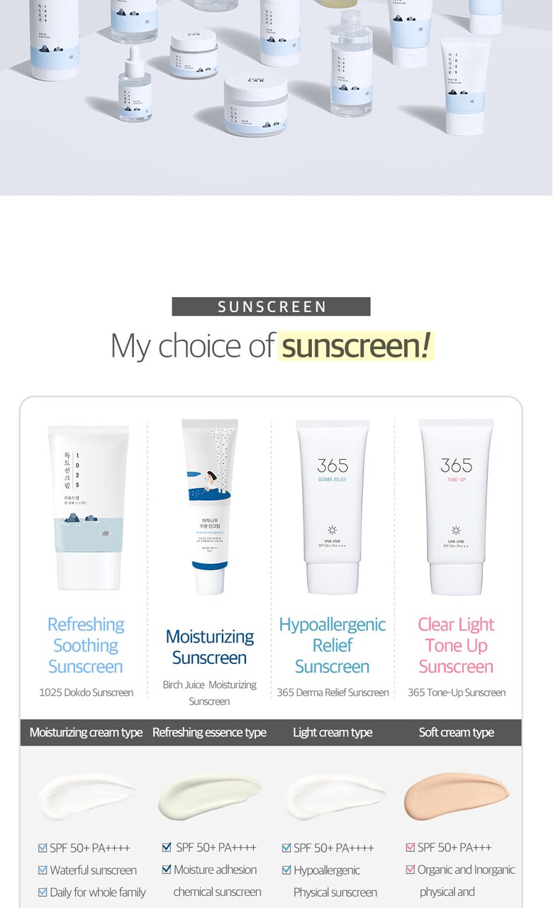 ROUND LAB sunscreen lineup comparison: 1025 Dokdo, Birch Juice, 365 Derma Relief, 365 Tone-Up